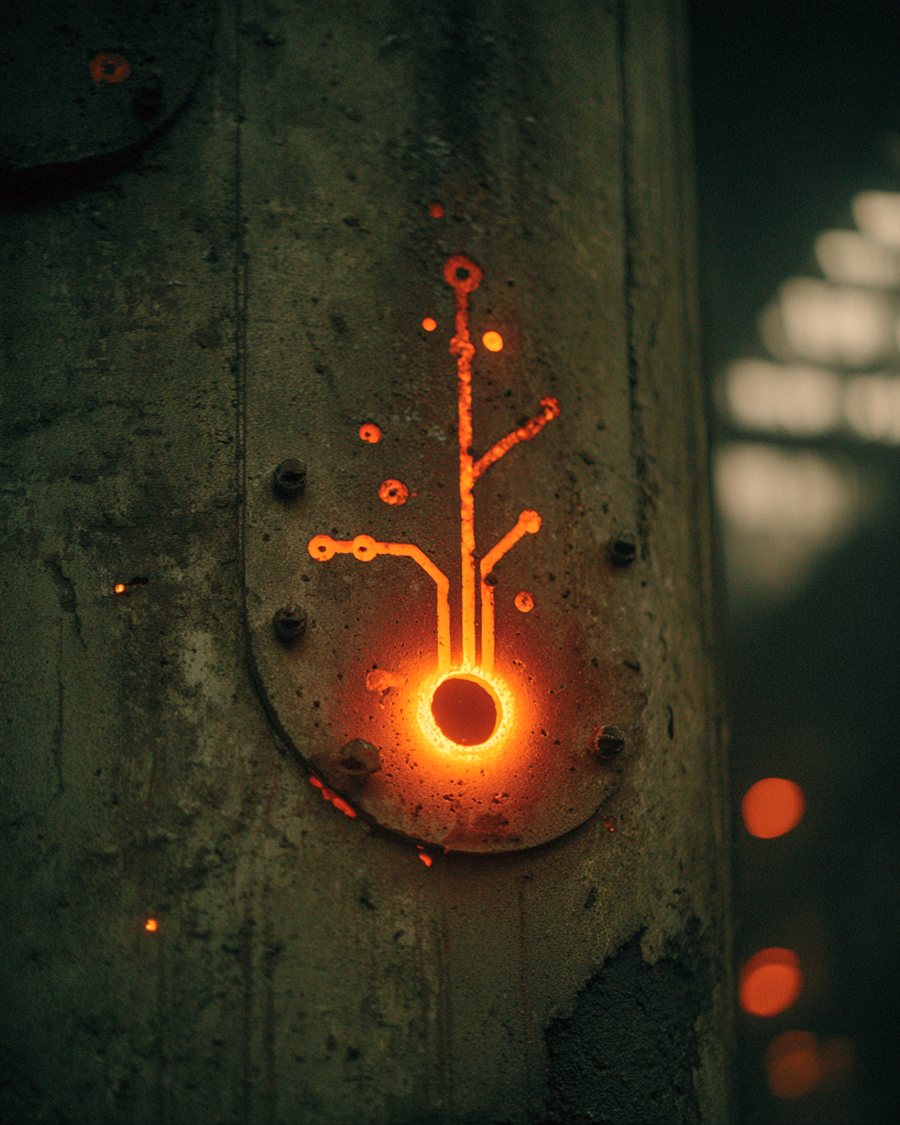 A glowing circuit pattern sprouting from a forged metal surface