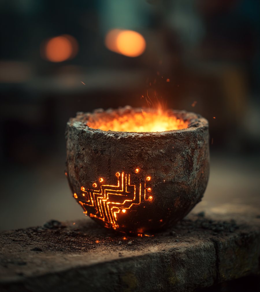 A dark crucible glowing with molten metal, evoking digital work being forged
