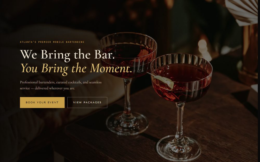 Suspended Spirits website showing cocktail glasses on a bar