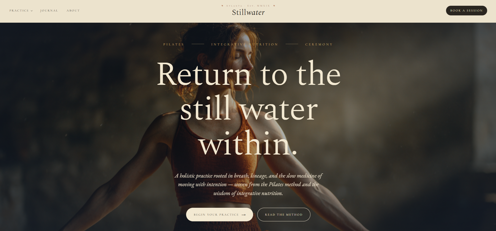 Stillwater Method website with a moonlit wellness studio hero